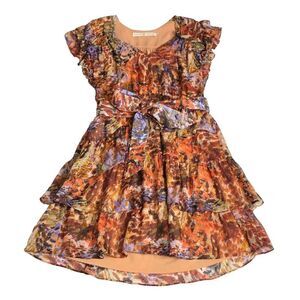 Marie Oliver Thea Silk Mini Dress Womens S Metallic Tiered Ruffle Belted Boho